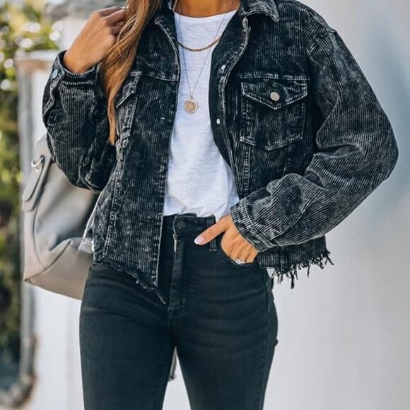 Womens Cropped Corduroy Jacket Casual Button Down Shacket Coat Fringe with Fraye - Picture 3 of 6